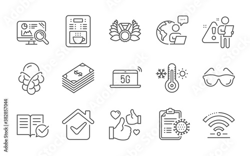 Laureate medal, Thermometer and Eyeglasses line icons set. Dollar, Wifi and Coffee maker signs. Like, 5g notebook and Ice cream symbols. Line icons set. Vector