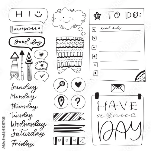 Hand drawn to do list, sticky tape, and other note book elements. Doodle stationery design. Set of hand letered days of week.