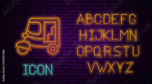 Glowing neon line Taxi tuk tuk icon isolated on brick wall background. Indian auto rickshaw concept. Delhi auto. Neon light alphabet. Vector.