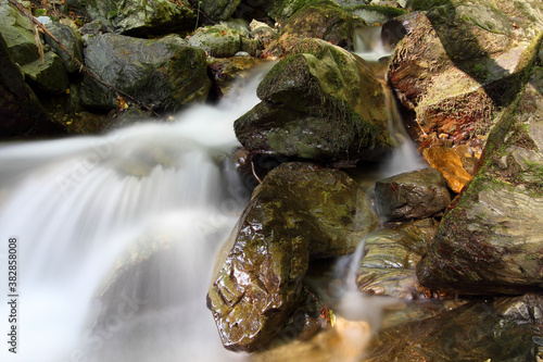 Mountain stream in autumn. Stream in the forest.
