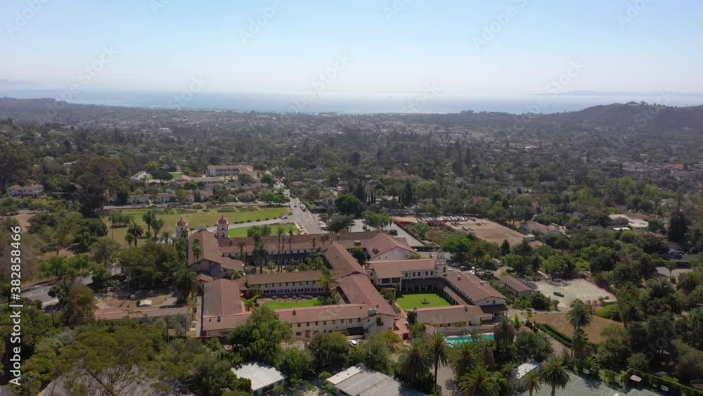 Old Mission Santa Barbara birds-eye view from drone, wide shot. Old Mission Santa Barbara birds-eye view from drone, wide shot.