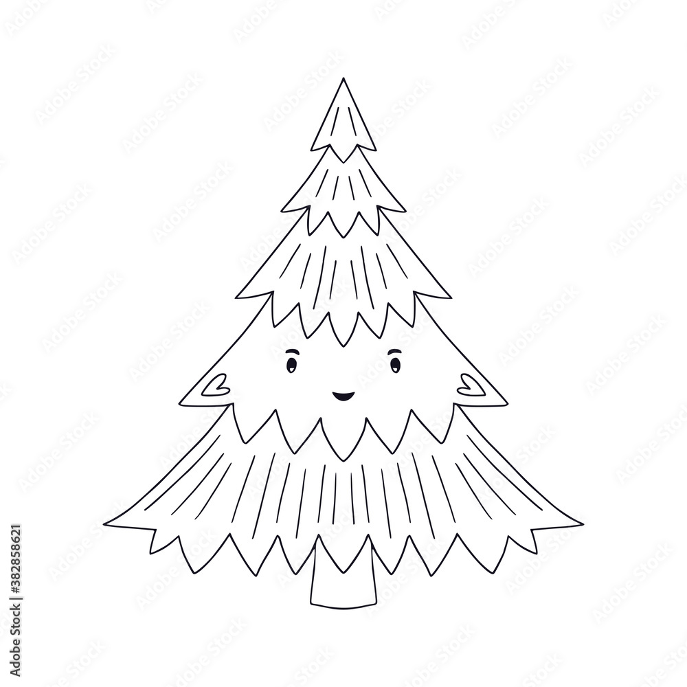 Cute Christmas Tree. New Year line art decoration. Coloring book page. Cartoon new year tree illustration.