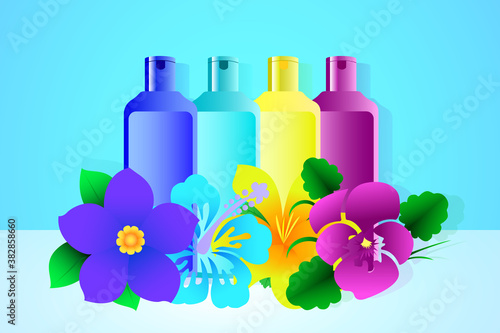 Cosmetic set of four bottles of shampoo and hair balm created on the basis of a floral composition.
