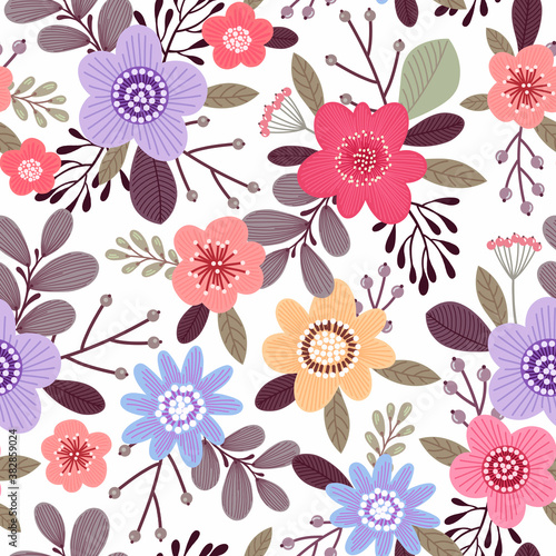 Seamless pattern with flowers. Illustration on a bright background. Design for textiles, souvenirs, fabrics, packaging and greeting cards and more.