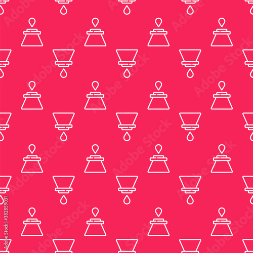 White line V60 coffee maker icon isolated seamless pattern on red background. Vector.