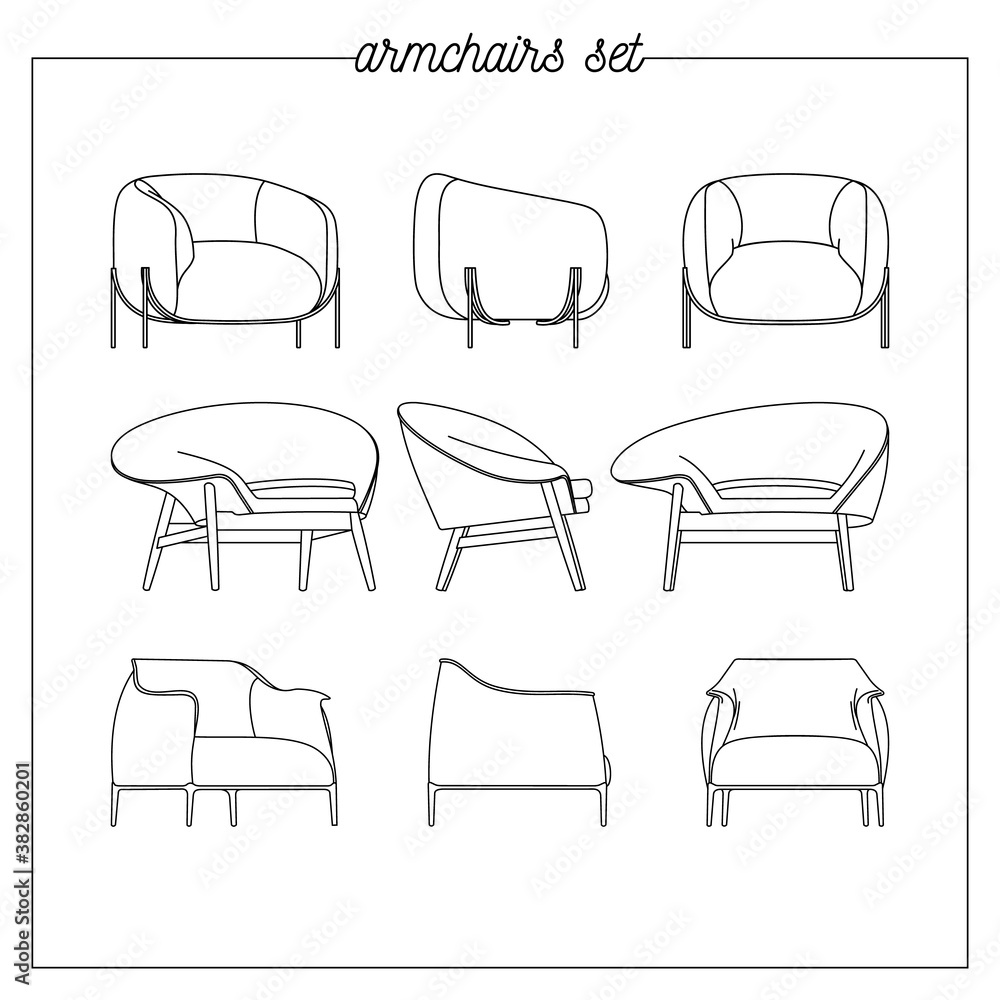 Illustration of an armchair in different perspectives Illustration of an armchair in different perspectives