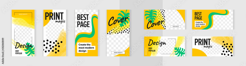 Orange modern style with green monstera leaves. Set of vertical and horizontal banners for design of social networks, story and print with windows for images. 
