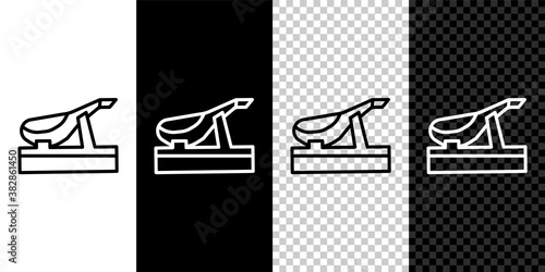 Set line Spanish jamon on the wooden jamonera icon isolated on black and white background. Vector.