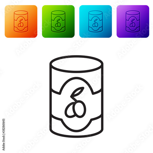 Black line Olives in can icon isolated on white background. Concept of canned food. Set icons in color square buttons. Vector.
