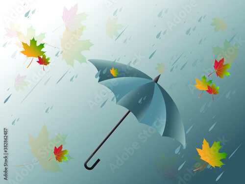 Gray umbrella against the sky with rain drops and flying yellow maple leaves. Vector illustration for autumn design.