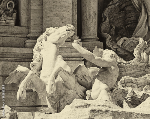 Triton and Hippocamp. Detail of the Trevi fountain, Rome, Italy