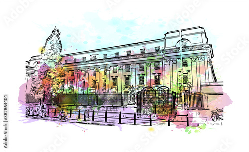 Building view with landmark of Belfast is the capital and largest city of Northern Ireland. Watercolor splash with hand drawn sketch illustration in vector.