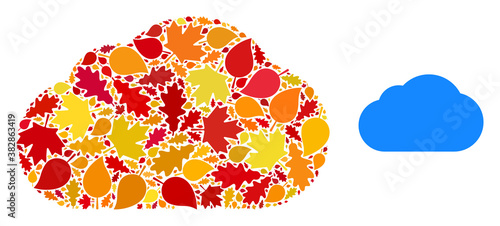 Cloud mosaic icon organized for fall season. Vector cloud mosaic is made with random autumn maple and oak leaves. Mosaic autumn leaves in bright gold, brown and red colors.