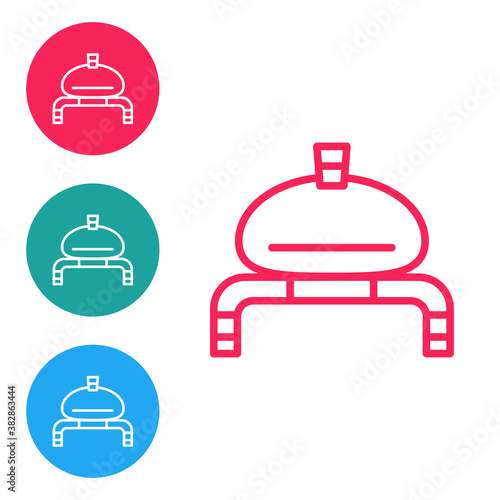 Red line Bread and salt on towel icon isolated on white background. National food loaf. Traditional ukrainian wedding bread. Set icons in circle buttons. Vector.