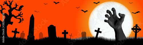 Halloween undead hand in front of full moon