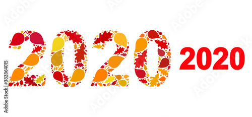 2020 Year Digits mosaic icon created for fall season. Vector 2020 year digits mosaic is designed of random fall maple and oak leaves. Mosaic autumn leaves in bright gold, brown and red colors.