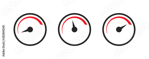 Speed level indicator. Low and high scale. Barometer level in black and red. Minimum and maximum level. Rating diagram in circle. Download and upload speed. Vector EPS 10.