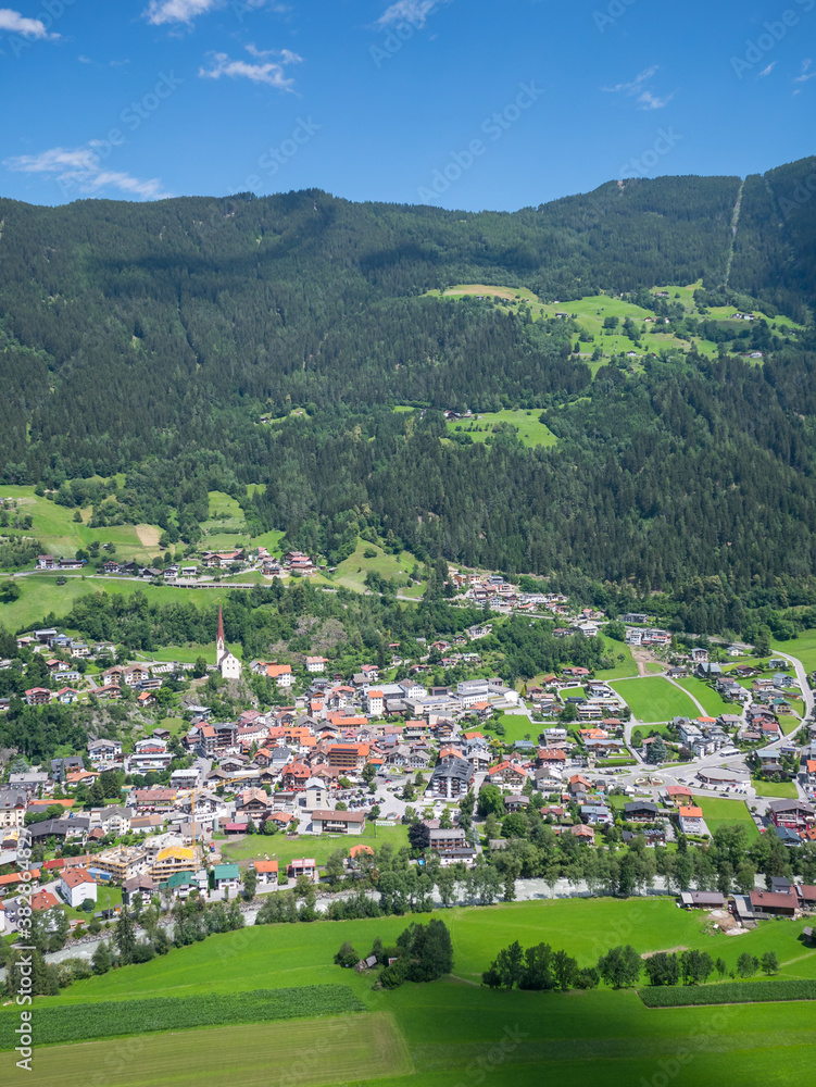 Aerial view over the village of Oetz, Tyrol, Austria