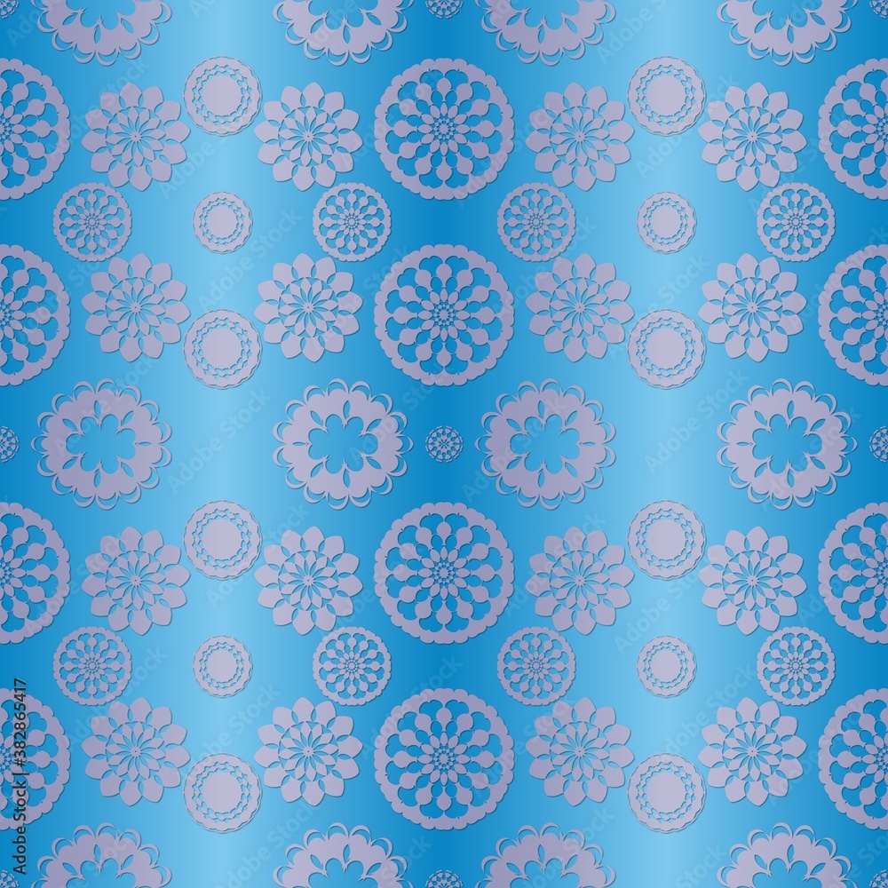 Fototapeta premium Design on Christmas paper in blue. Christmas paper for printing. Blue seamless pattern.Blue background with Christmas snowflakes...