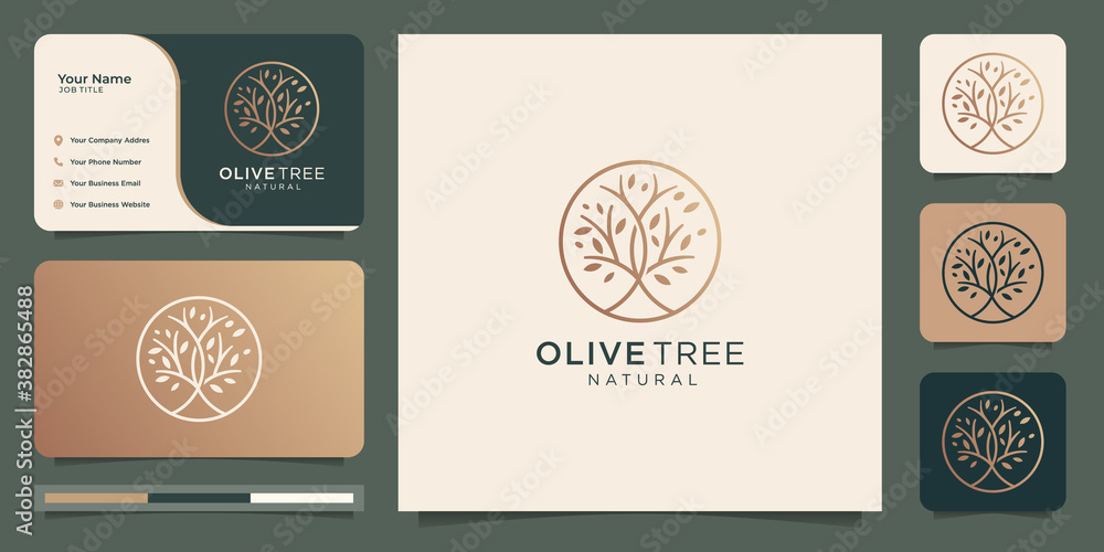 Fototapeta premium Modern gold olive tree logo. olive leaves logo design and business card.Premium Vector