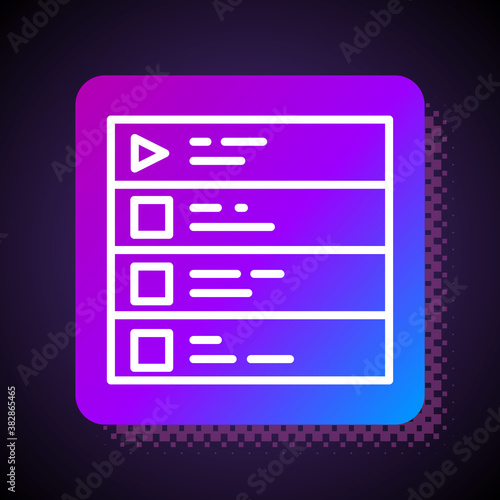 White line Music playlist icon isolated on black background. Square color button. Vector.