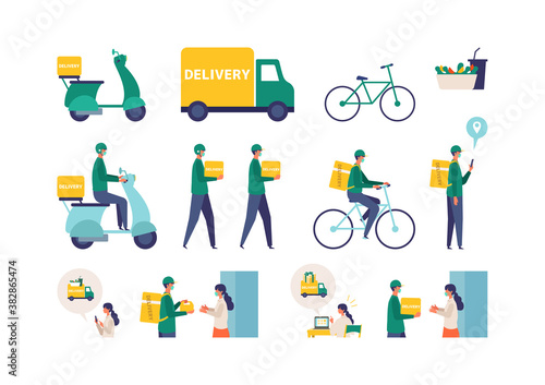 Vector illustration for the online delivery service concept. Truck,  scooter, bicycle and delivery man.