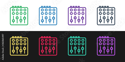 Set line Sound mixer controller icon isolated on black and white background. Dj equipment slider buttons. Mixing console. Vector.