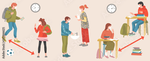 School during coronavirus covid-19 pandemic new normal vector concept. Teen students boys and girls wearing medical face mask, keep social distancing, wash hands, use sanitiser