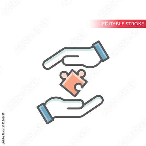 Hands and puzzle piece line vector icon. Business strategy and solution concept outline with fill symbol.