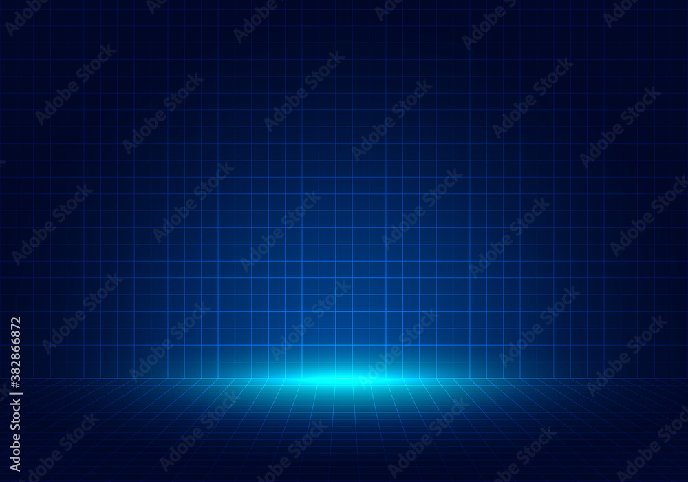 Abstract blue grid perspective design background with lighting. High ...