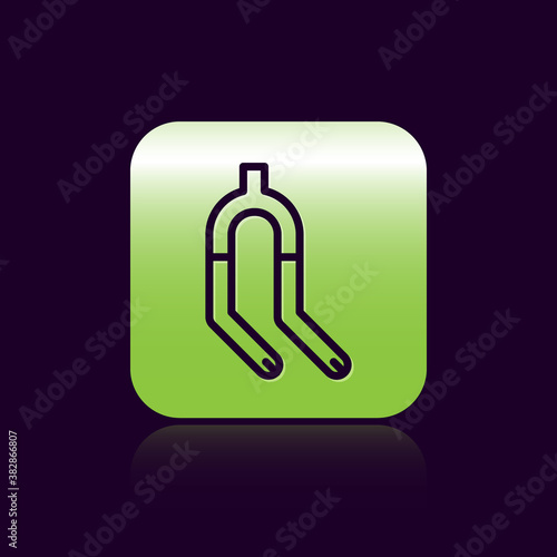 Black line Bicycle suspension fork icon isolated on black background. Sport transportation spare part steering wheel. Green square button. Vector.