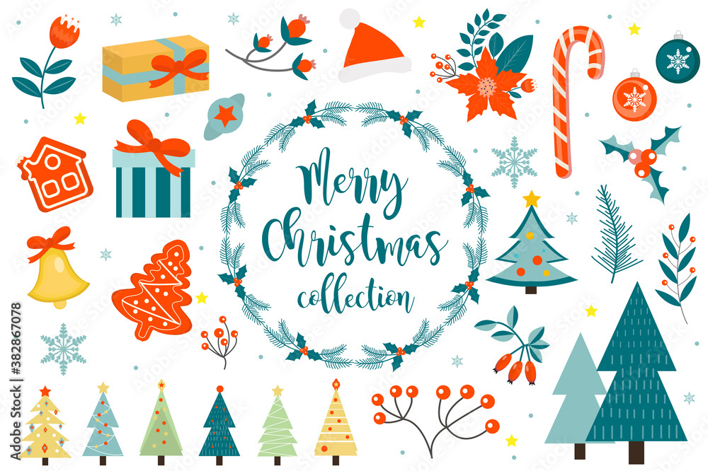 Merry christmas winter objects set. Collection of design elements with holly, poinsettia, fir branch, pine, bell, gifts, santa hat. Vector illustration, clip art