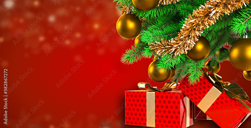 Closeup view photography of beautiful holdiay Christmas decor in home interior. 3D rendering illustration.