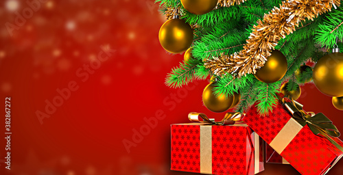 Closeup view photography of beautiful holdiay Christmas decor in home interior. 3D rendering illustration.