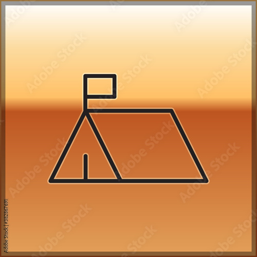 Black line Protest camp icon isolated on gold background. Protesting tent. Vector.