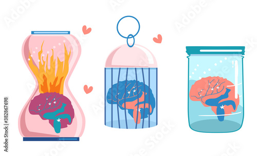 Trendy concept of mental health,hysteria,personal problems.A brain in fire is placed in a bird cage,in an hourglass,in a glass jar.Psychological consultation,support.Professional burnout.Take care