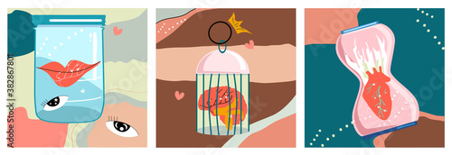 Concept of unrequited love or mental postcard.A burning heart in an hourglass,brain in a bird cage,lips in glass jar.Anatomical set of three hand drawn vector trendy illustrations in pastel colors.