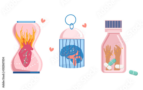 Trendy concept of unrequited love and mental anguish,experiences. A burning heart in an hourglass,a brain is placed in a bird cage,hands are stretched from a can of pills. Psychological help,support.