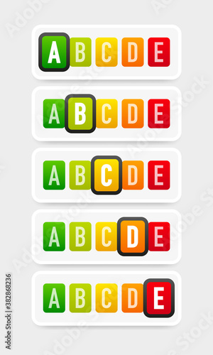 Packaging with green nutri score. Different nutri level. Vector illustration.