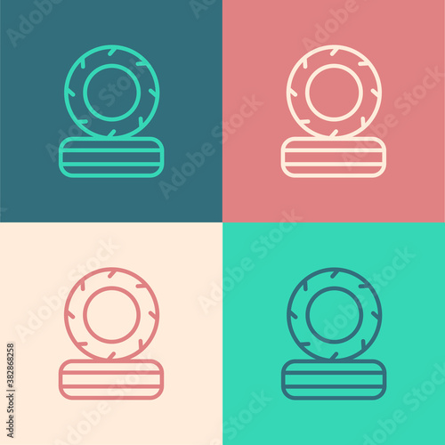 Pop art line Lying burning tires icon isolated on color background. Vector.