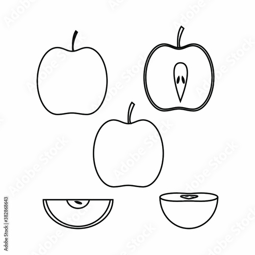 Vector outline set of apple isolated on white. contour fruit as whole  half  quarter. Symbol  icon for web  app  print