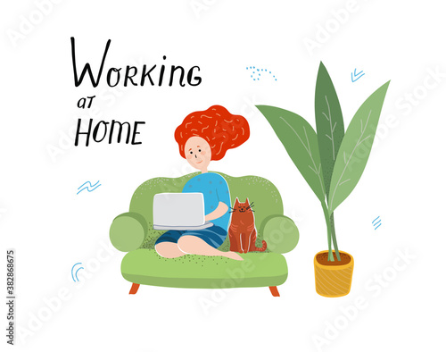 Girl sitting on the sofa working on laptop, People at home in quarantine. Freelancer with cat and plant vector flat illustration