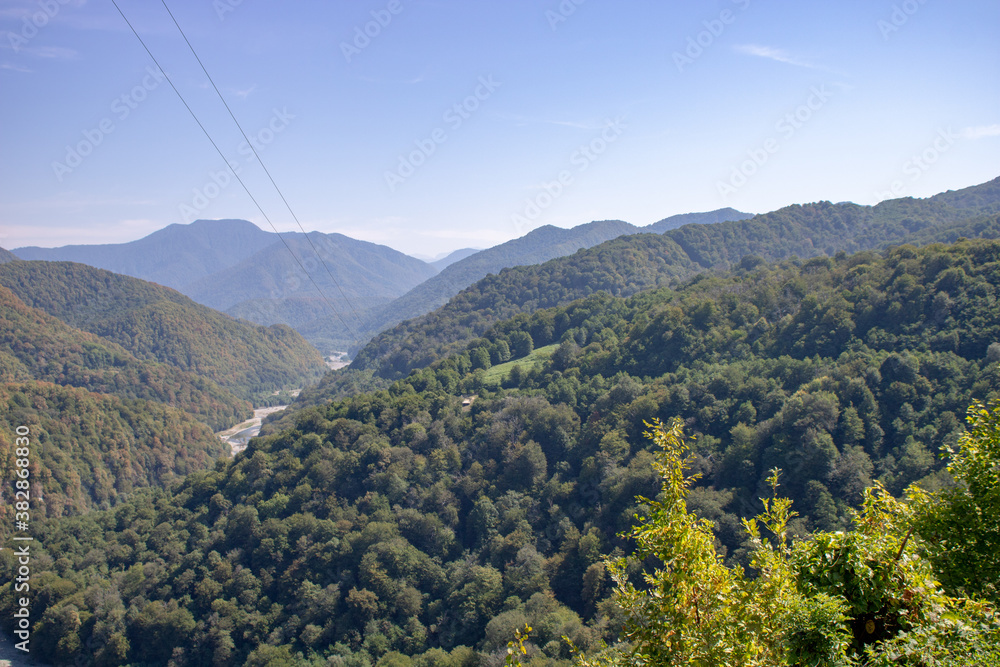 Mountain gorge, river, mountains, forest, clouds in Dagomys.