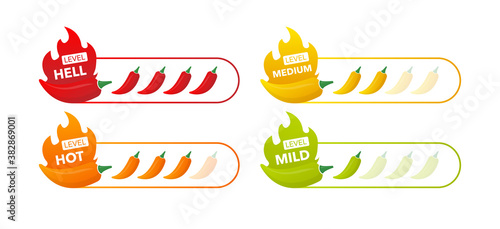 Hot pepper strength scale indicator with mild, medium, hot and hell positions. Chilli level. Vector illustration.