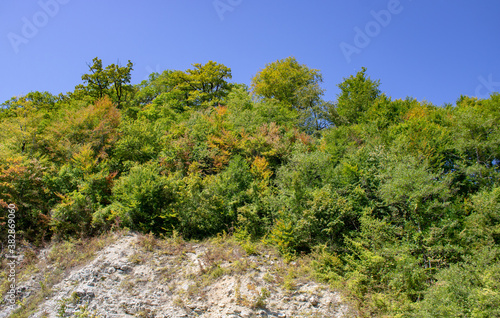 Mountain gorge, river, mountains, forest, clouds in Dagomys. photo