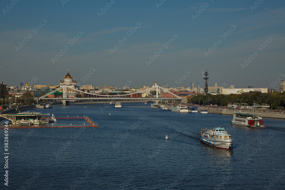 View of the Crimean Bridge and the Cathedral of Christ the Savior, Moscow.