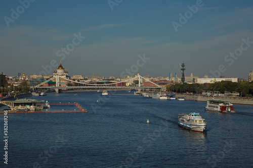 View of the Crimean Bridge and the Cathedral of Christ the Savior, Moscow.