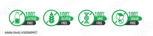 Flat icon with lactose gluten gmo sugar free. Organic signs. Vector illustration.