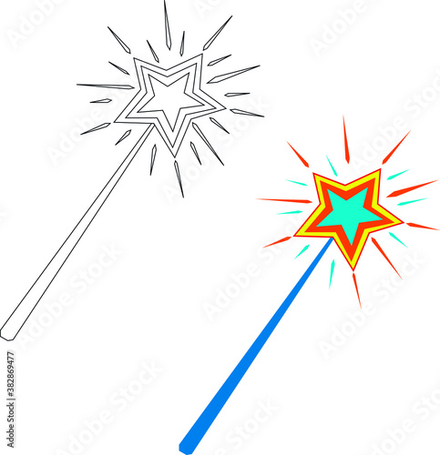 The magic wand is colored and black and white. For comics, postcards, details, patterns, sets.Vector image. Symbol.