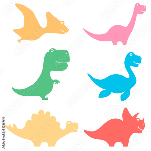 Set of colored silhouettes of dinosaurs. Flat design for poster or t-shirt. Vector illustration